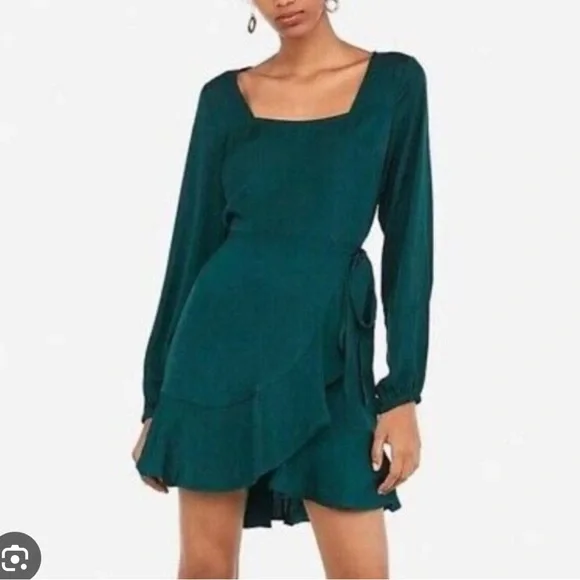 Express | Dresses | Long Sleeve Satin Green Dress | Poshmark